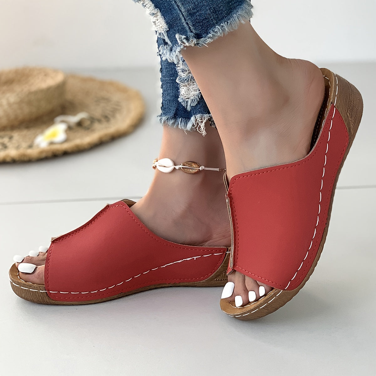 Women's Faux Cover Slip-On Sandals Mid-Heel Round Toe Casual All-Season