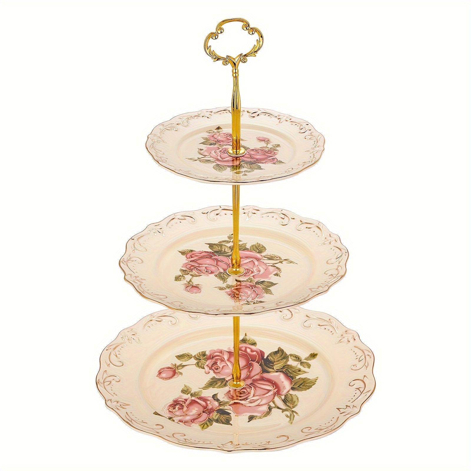 European-Style 3-Tier Ceramic Dessert Stand with Embossed Flower Design
