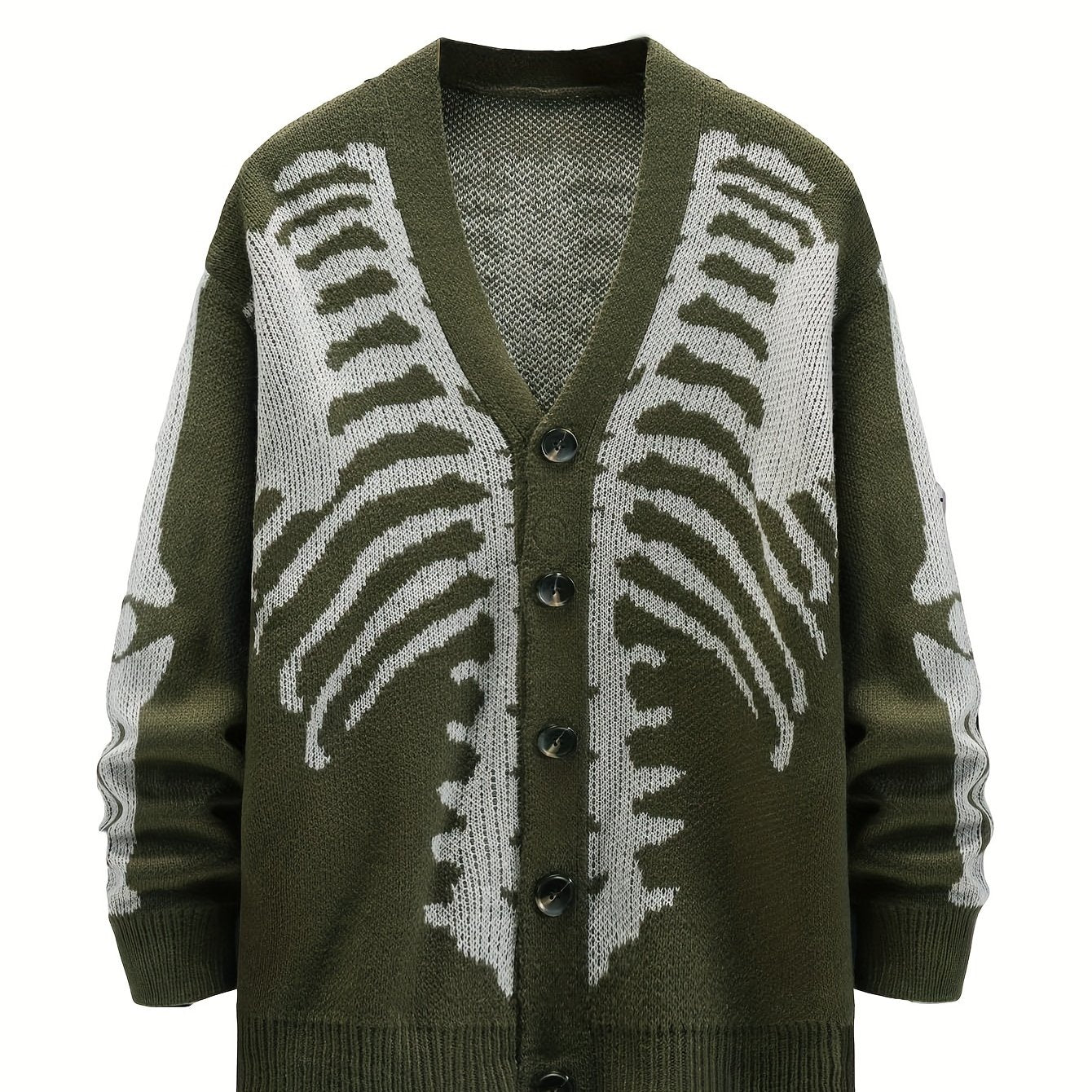 Men's Plus Size Skeleton Print Knit Cardigan Sweater Long Sleeve V-Neck Fall Winter