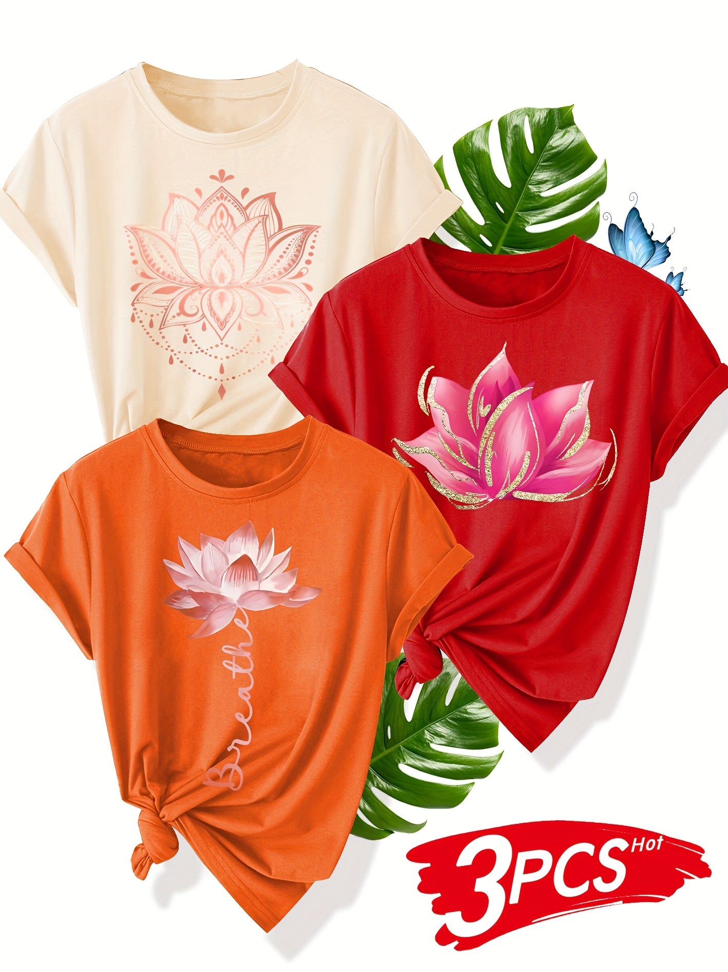 Conjunto de camisetas con estampado floral para mujer, pack de 3, poliéster transpirable, verano casual