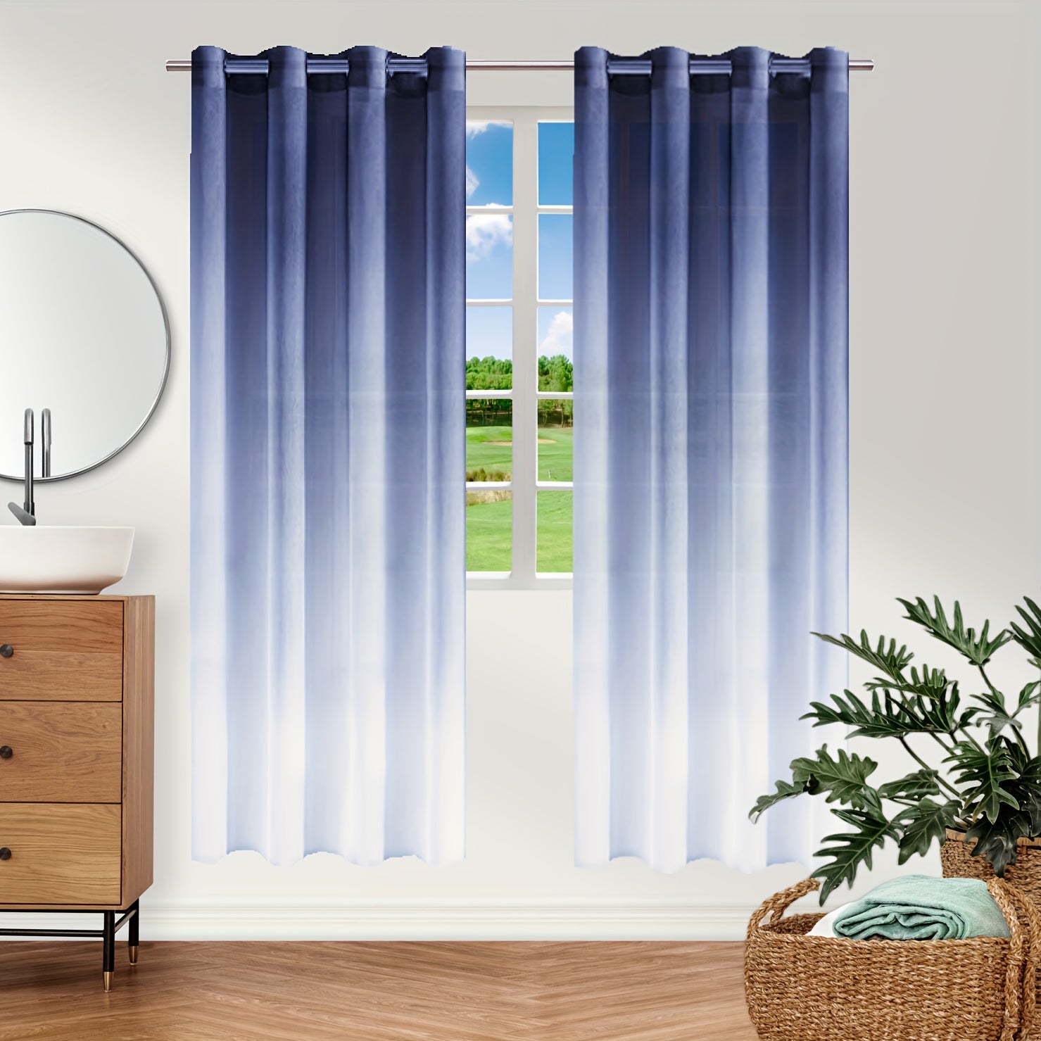 Bohemian Ombre Sheer Curtain Blue to White UV Protective Polyester for Bedroom Living Room