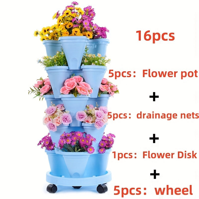 16pcs 5-Layer Stackable Flower Pots with Wheels and Tools for Indoor Outdoor Gardening