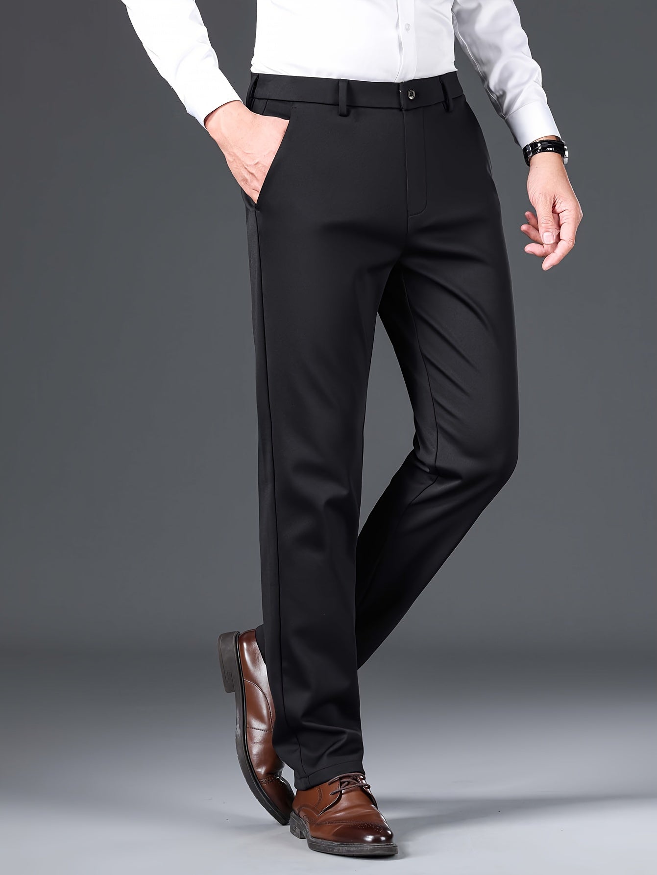 Men's Elastic Casual Pants Summer Wrinkle-Free Polyester Skinny Fit Belted
