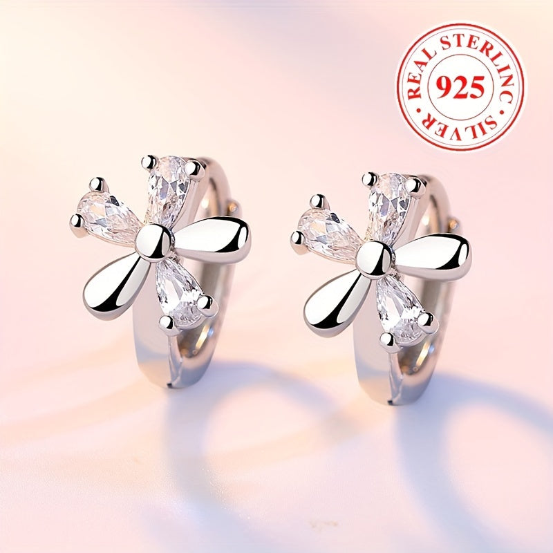 Women's Silver Hoop Earrings with Flower Design and Zirconia Inlay for Party and Wedding
