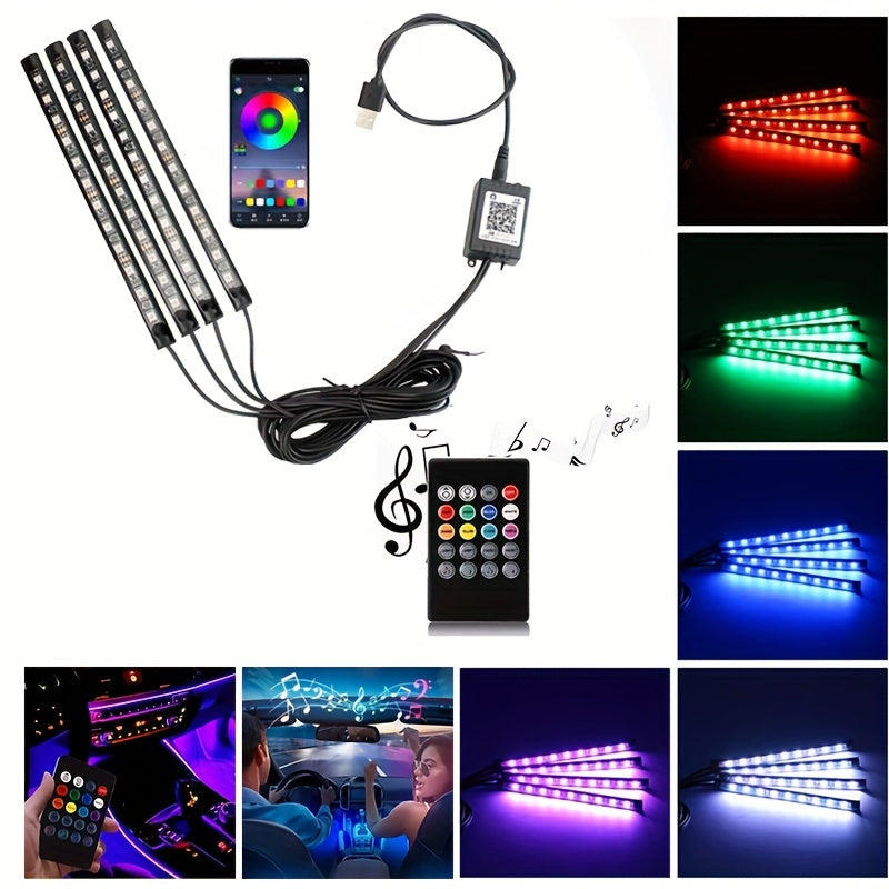 Kit de iluminación interior de coche RGB inalámbrica con control por app, 48 LEDs, sincronización con música