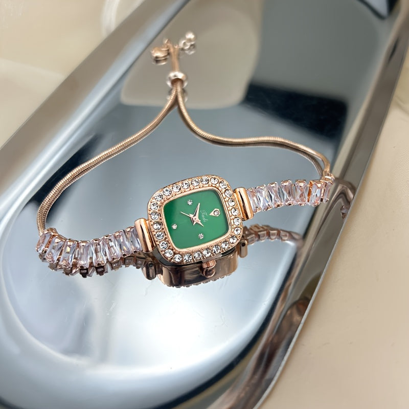 Women's Square Rhinestone Quartz Watch Vintage Style Adjustable Bracelet for Parties