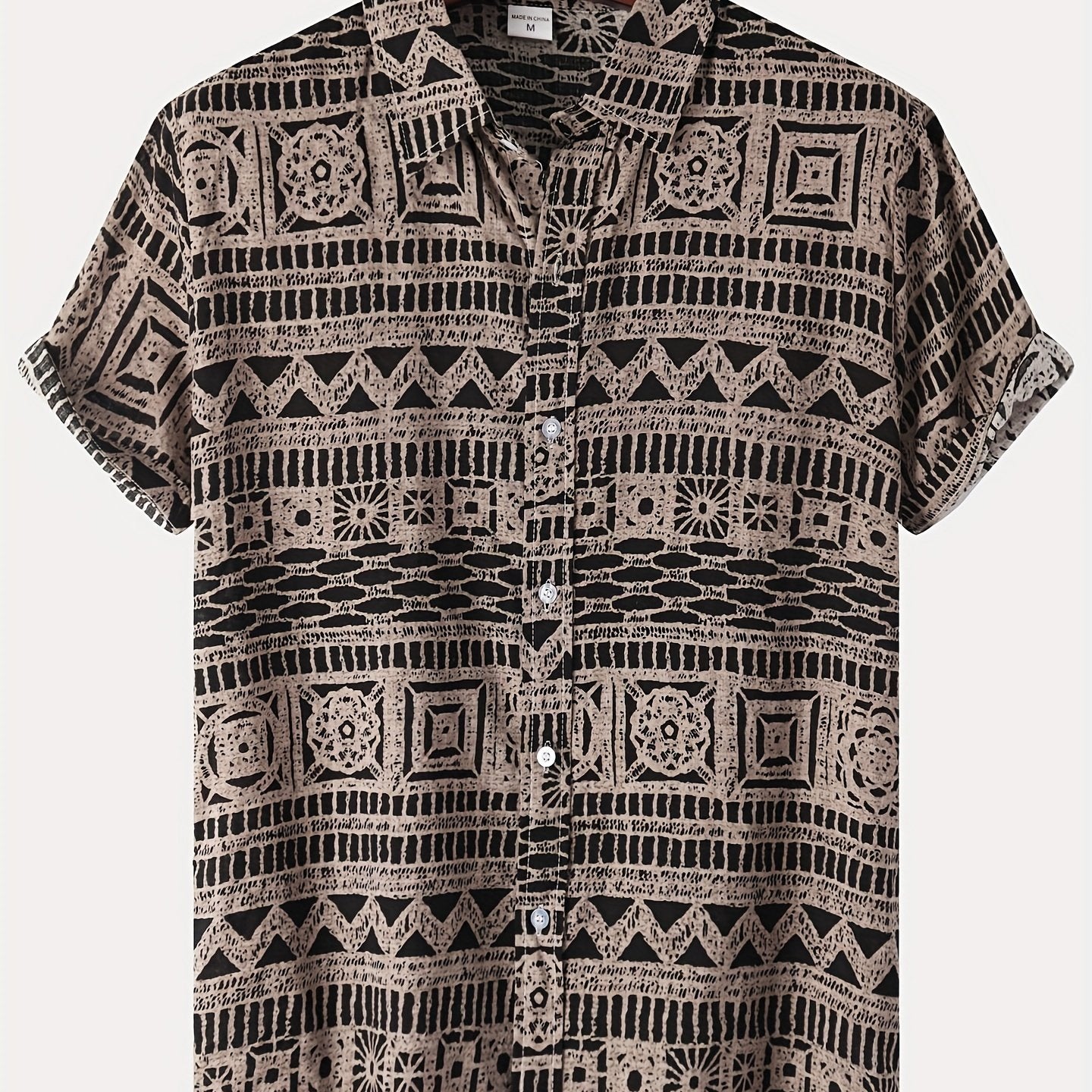 Men's Cotton Blend Short Sleeve Button-Up Shirt with Geometric Print for Summer