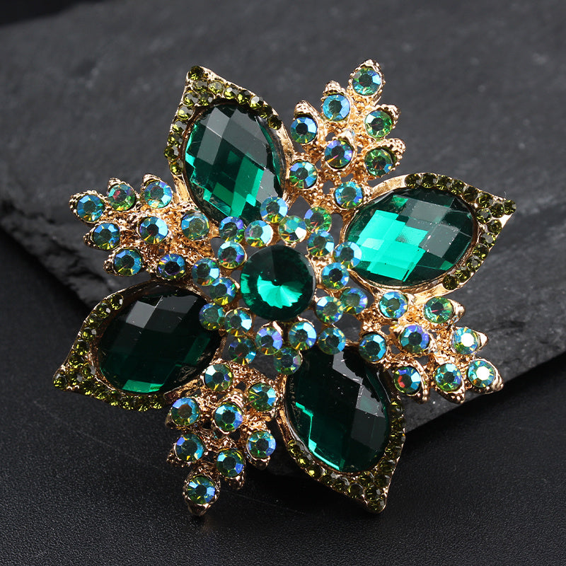 Vintage Green Rhinestone Flower Brooch Baroque Style Irregular Shape
