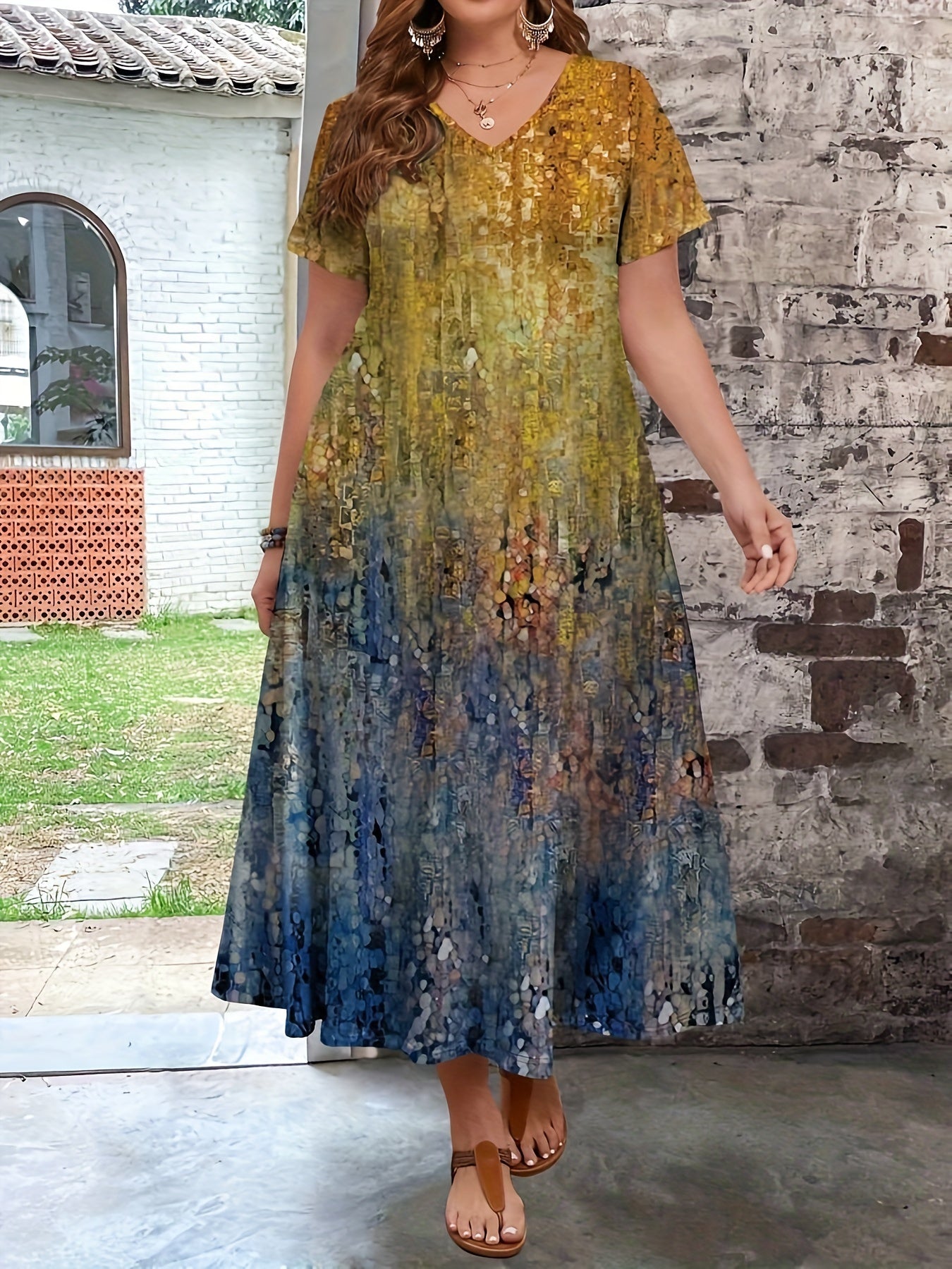 Vestido de talla grande con estampado floral y escote en V para uso casual en primavera y verano