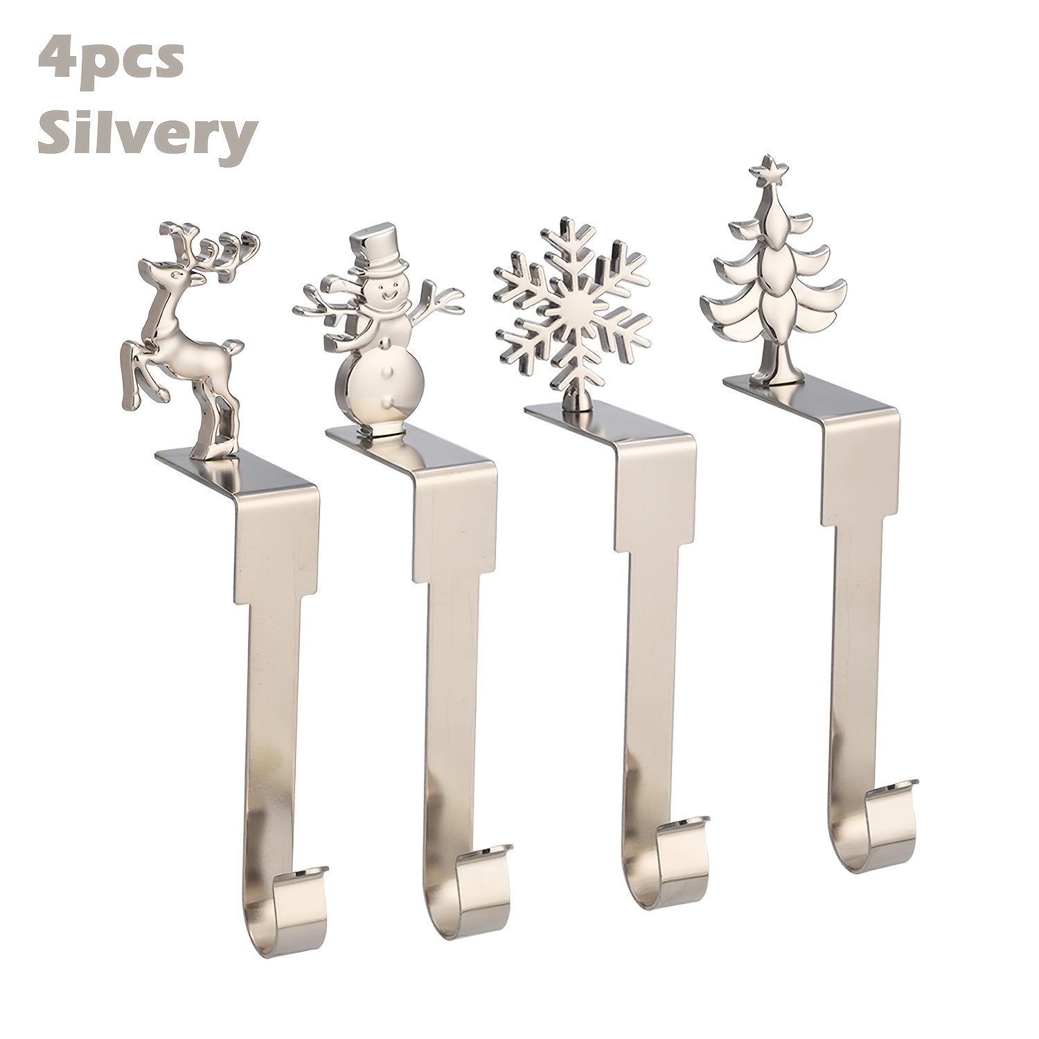 Set of 4 Metal Christmas Stocking Holders with Snowman Reindeer Tree Designs