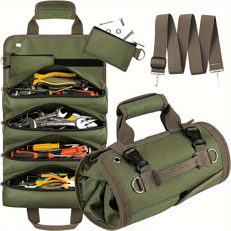 Waterproof Green Tool Bag with Multiple Compartments and Adjustable Shoulder Strap