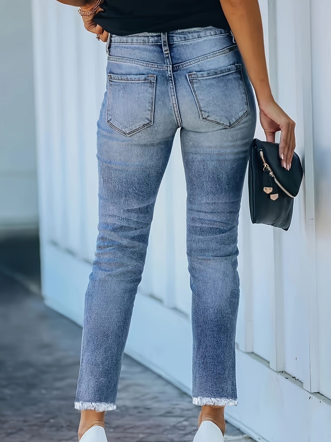 Women's High Stretch Skinny Jeans Mid Waist Cropped Tapered Carrot Fit Street Style