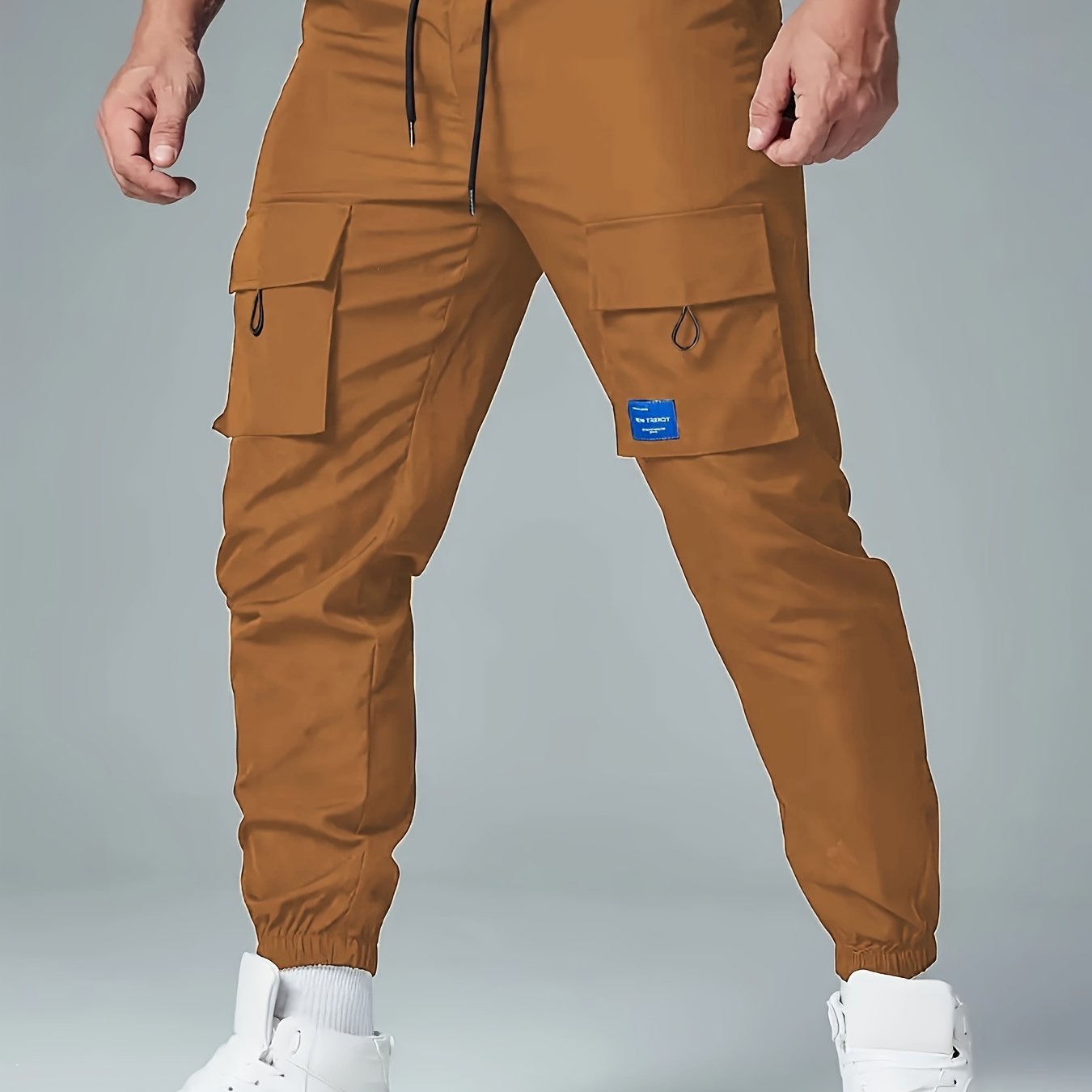 Men's Polyester Cargo Pants with Drawstring Waist and Multiple Pockets for Spring and Fall