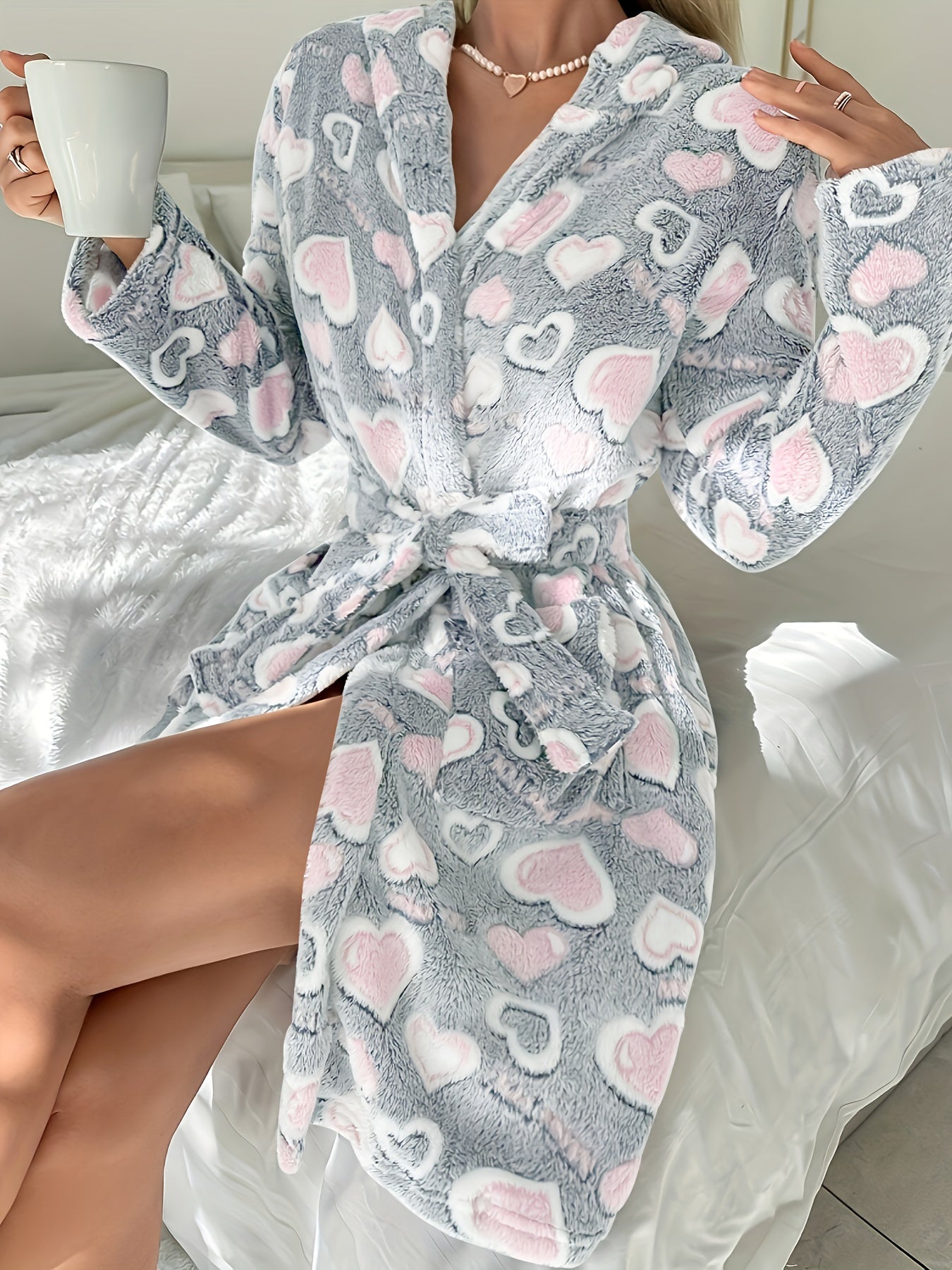 Women Plush Oversized Heart Print Robe for Autumn and Winter