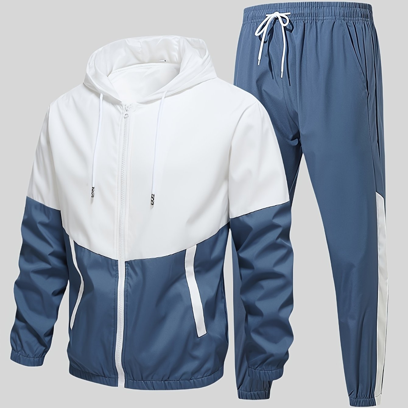 Men's Sports Suit Hooded Jacket and Pants Color Block Polyester Regular Fit