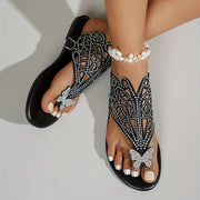 Women's Ethnic Style Butterfly Embellished Square-Pattern Slip-On Sandals with Cushioned Sole