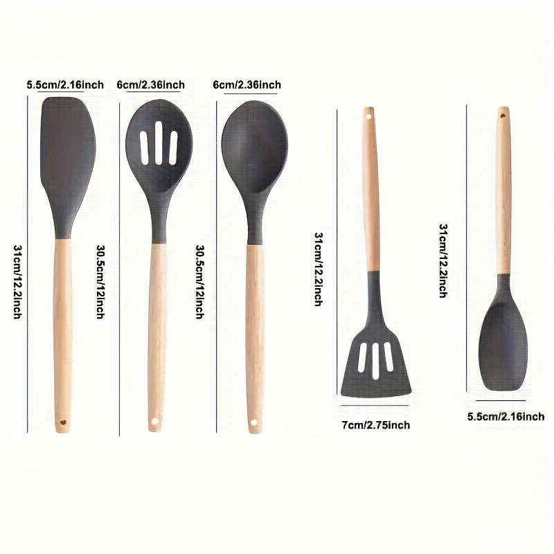 Set of 5 Non-Stick Kitchen Utensils with Wooden Handles for Cooking and Baking
