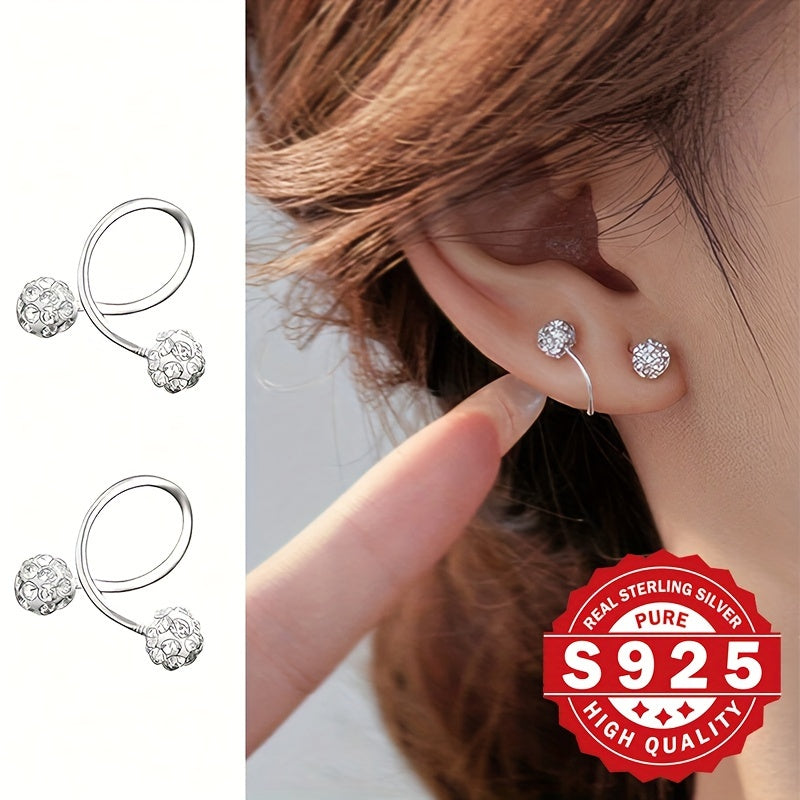 Sterling Silver Screw Ball Stud Earrings with Sparkling Buckle S Bar for Gift and Party