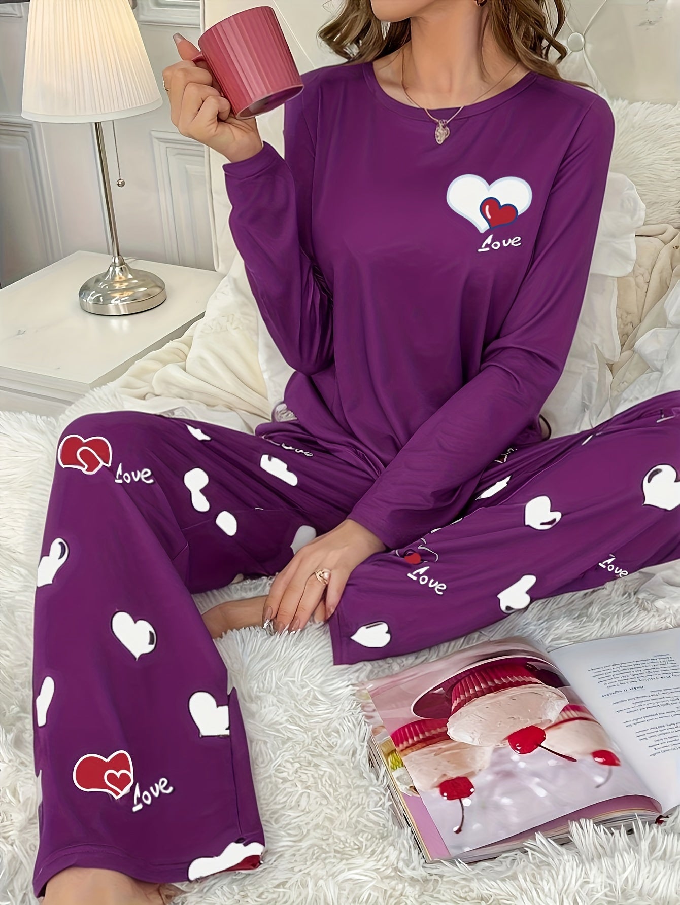 Women's Heart Print Pajama Set Long Sleeve Crew Neck Top Elastic Waist Pants Fall Winter Polyester Blend