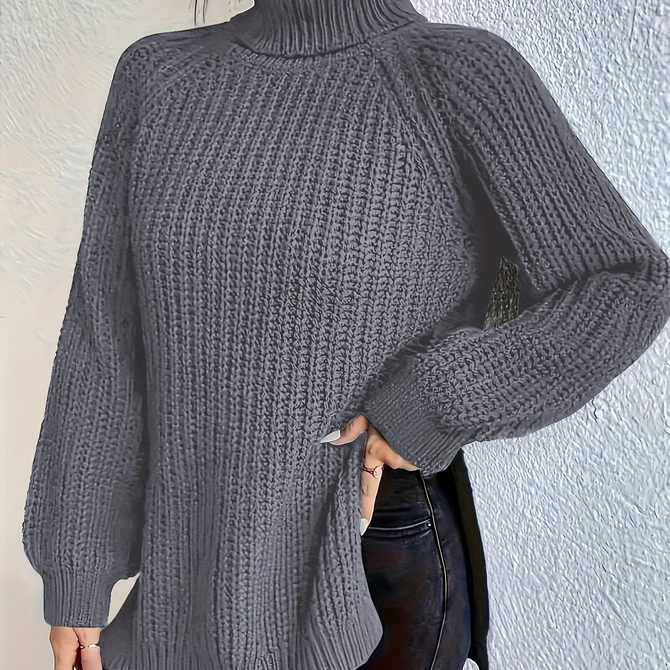 Suéter de punto de cuello alto para mujer talla grande de manga larga, casual para otoño e invierno