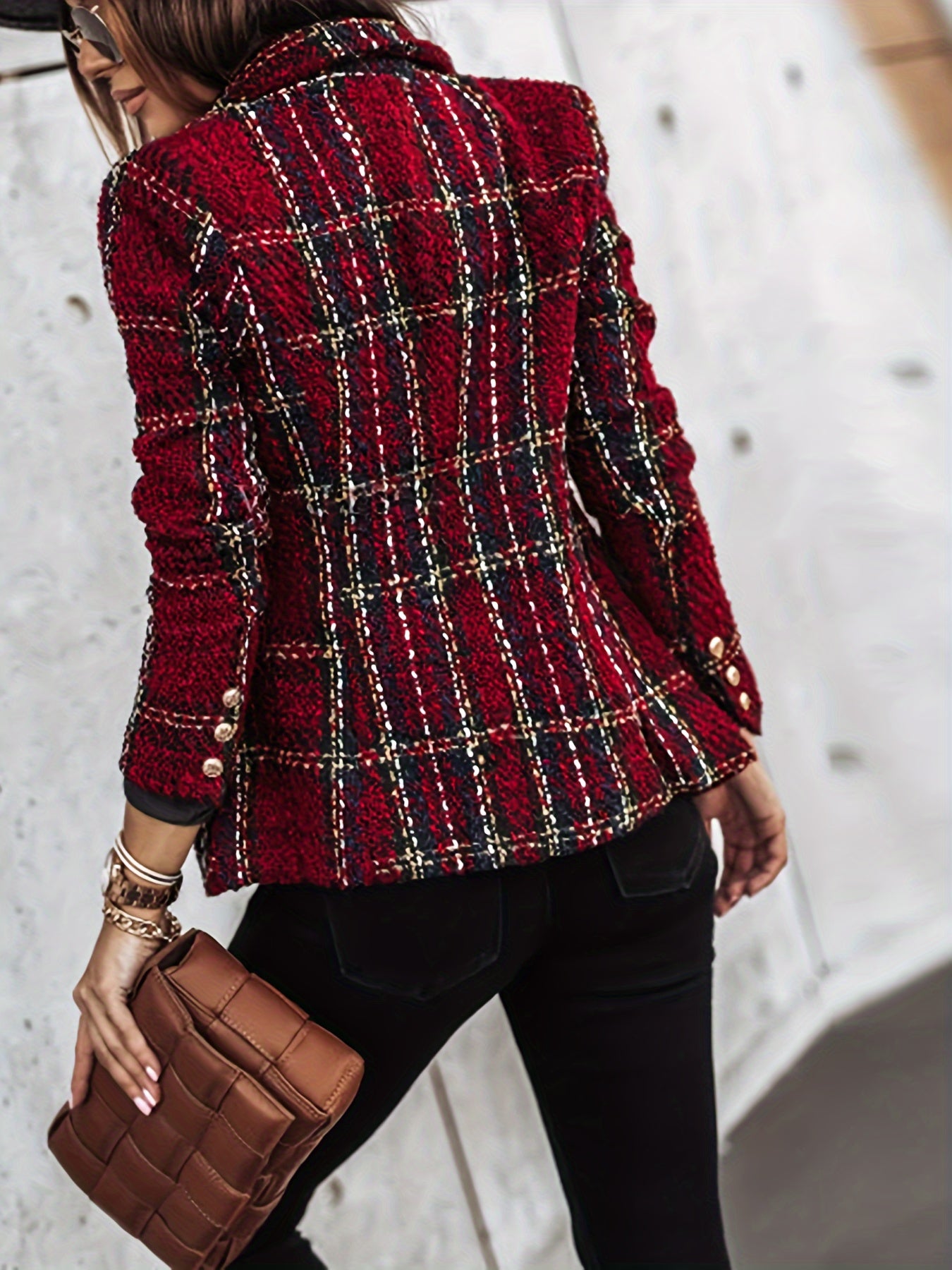 Women's Plaid Blazer with Double-Breasted Buttons Long Sleeves Polyester Spandex Fall Winter