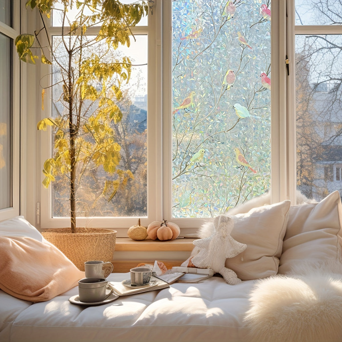 Frosted Privacy Window Film with Crescent & Diamond Pattern, Heat Control, No-Glue, Semi-Transparent, 9mil PVC