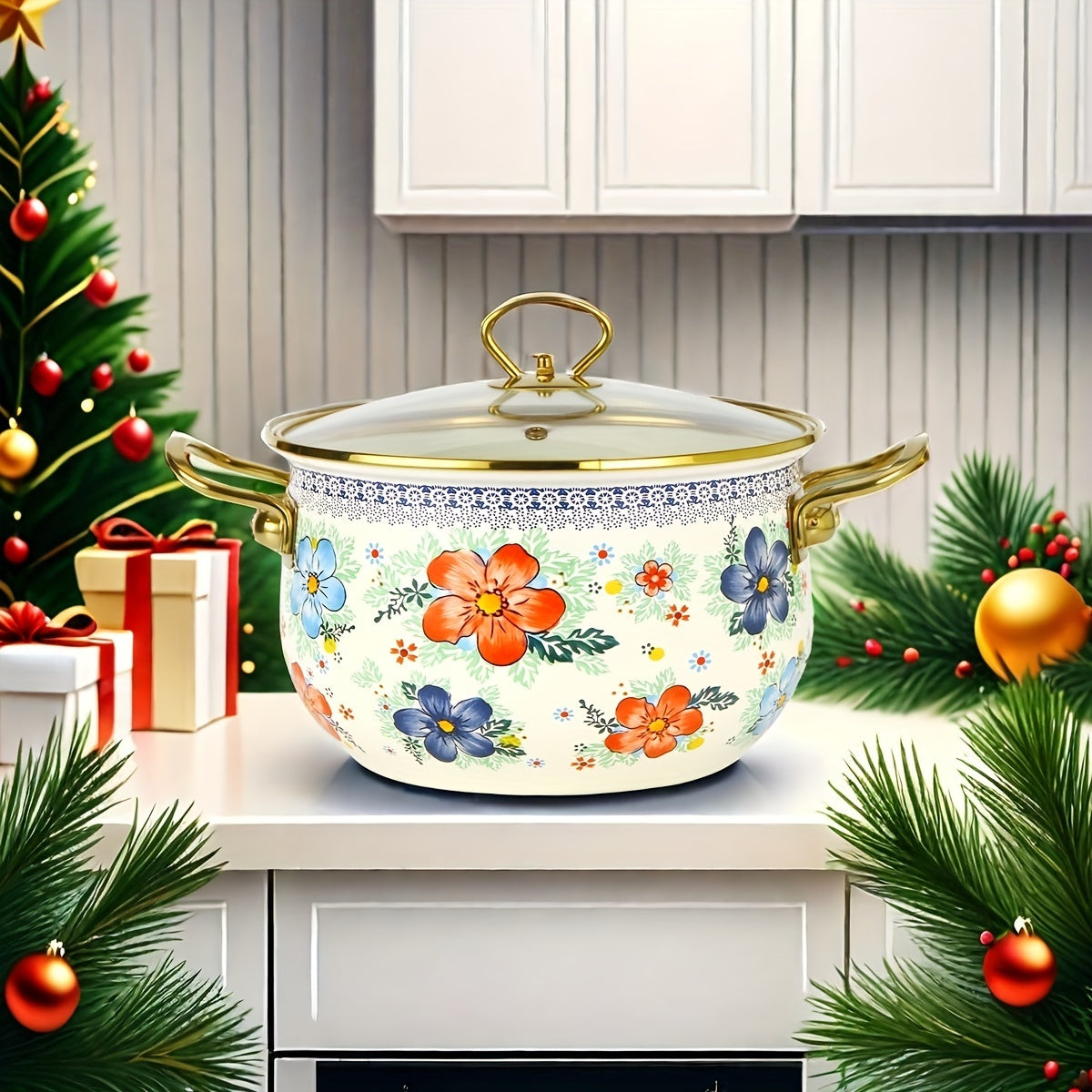 Enamel Soup and Stew Pot with Dual Handles, Clear Lid, Suitable for Gas and Induction Stoves