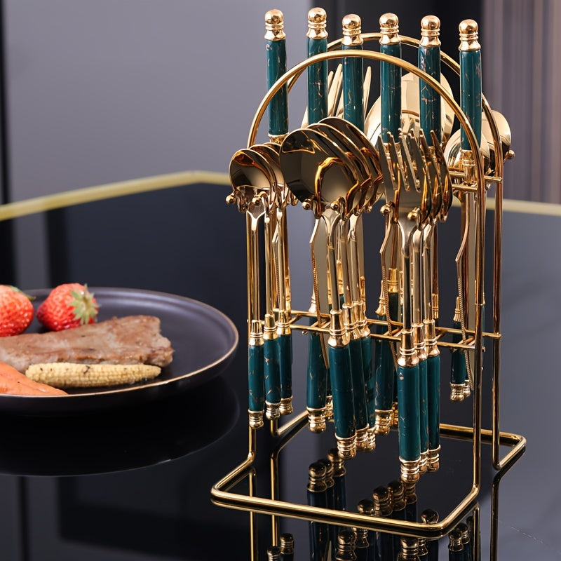 24-Piece Stainless Steel Tableware Set with Ceramic Handles for Hotel and Restaurant Dining