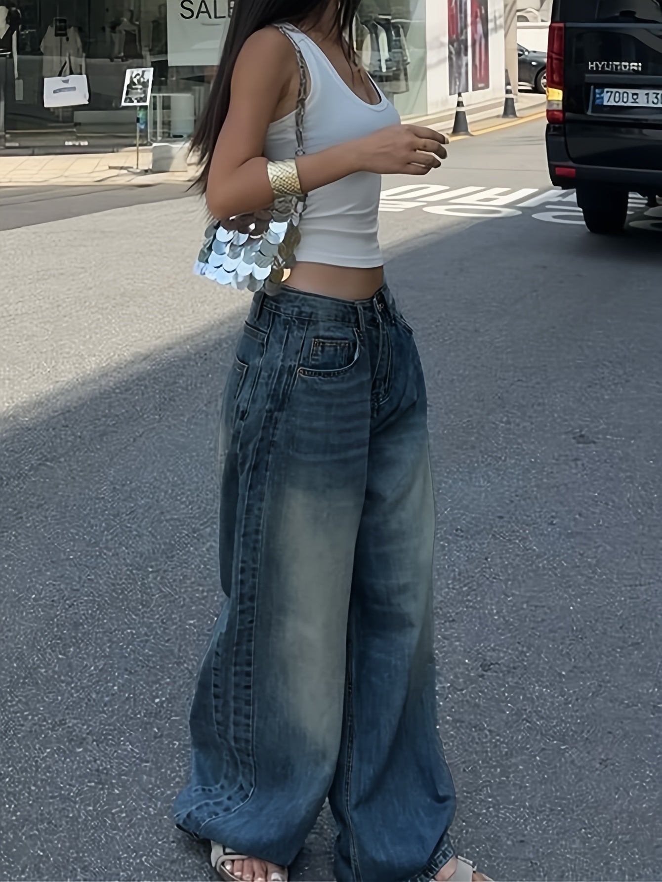 Women’s Vintage-Style Washed Blue Straight Leg Jeans Casual Denim Pants