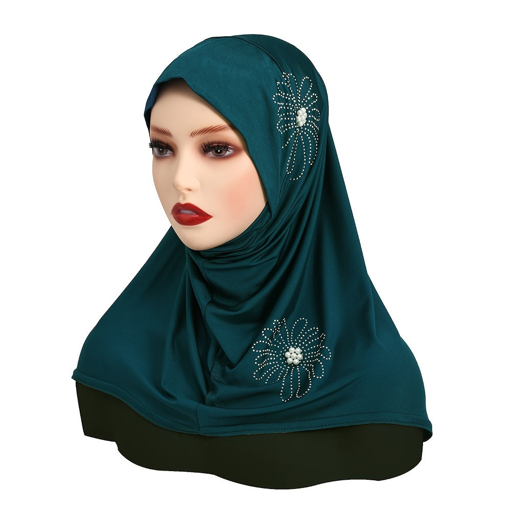 Women's Solid Color Elastic Polyester Hijab with Rhinestone and Pearl Accents