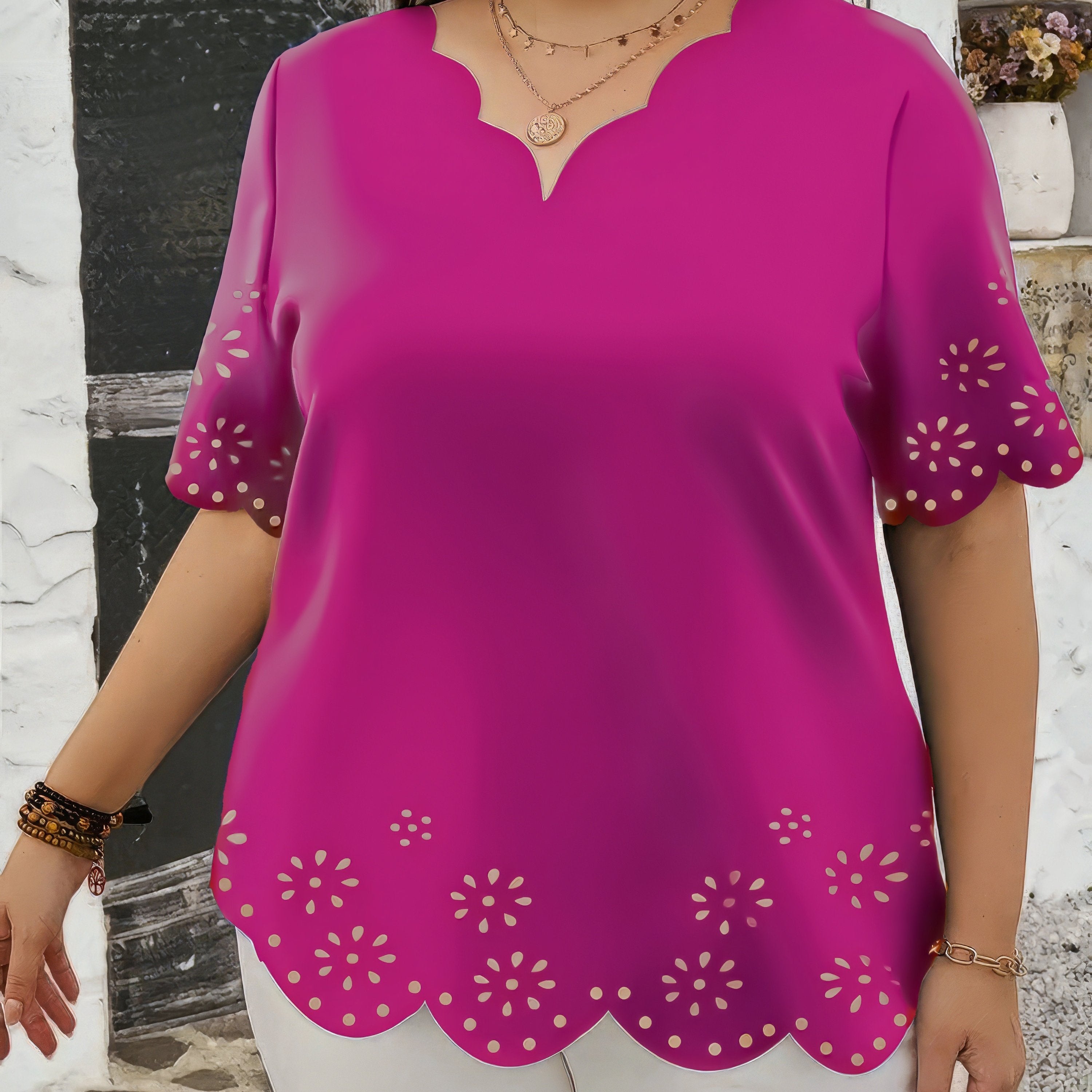 Women's Floral Lace Top Burnt Orange Sheer Short Sleeve Blouse