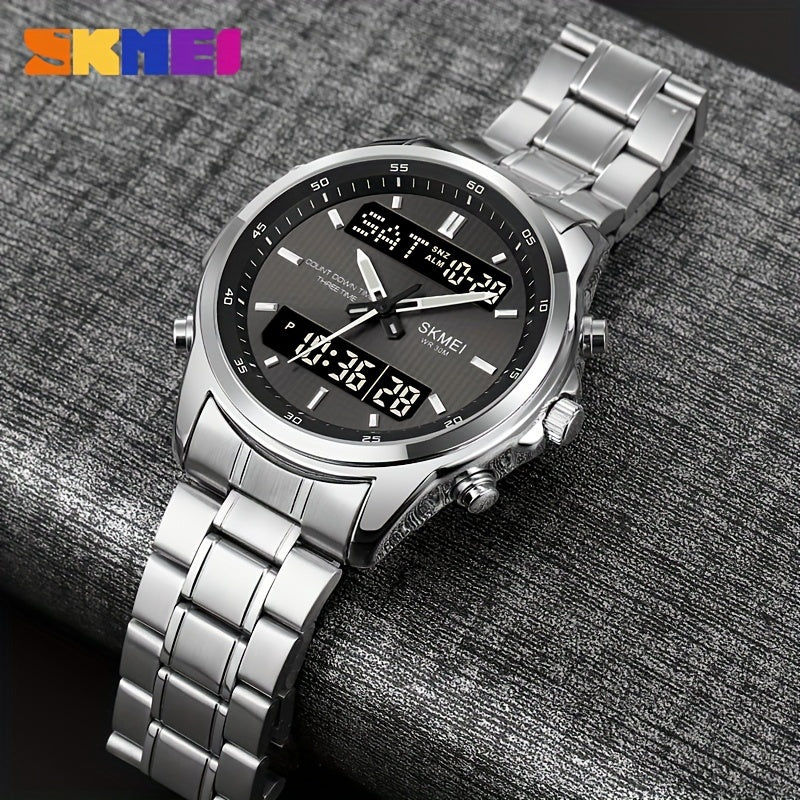 Reloj de negocios impermeable para hombre con doble pantalla, pulsera de acero luminosa y multifunción