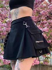 Plus Size Black High Waisted Mini Skirt with Grommet Eyelet Detail