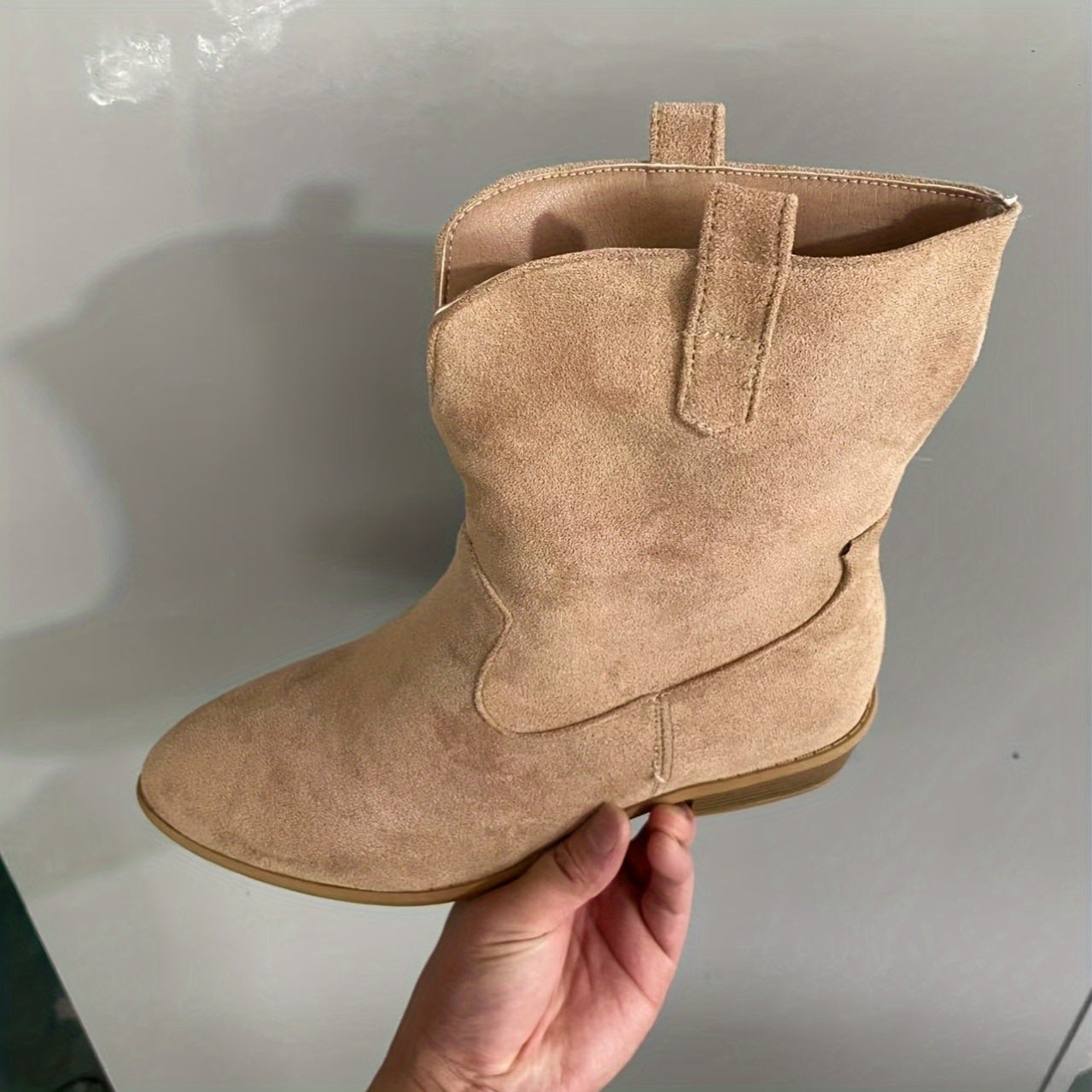 Women's Beige Slip-On Ankle Boots with Pointed Toe and Block Heel