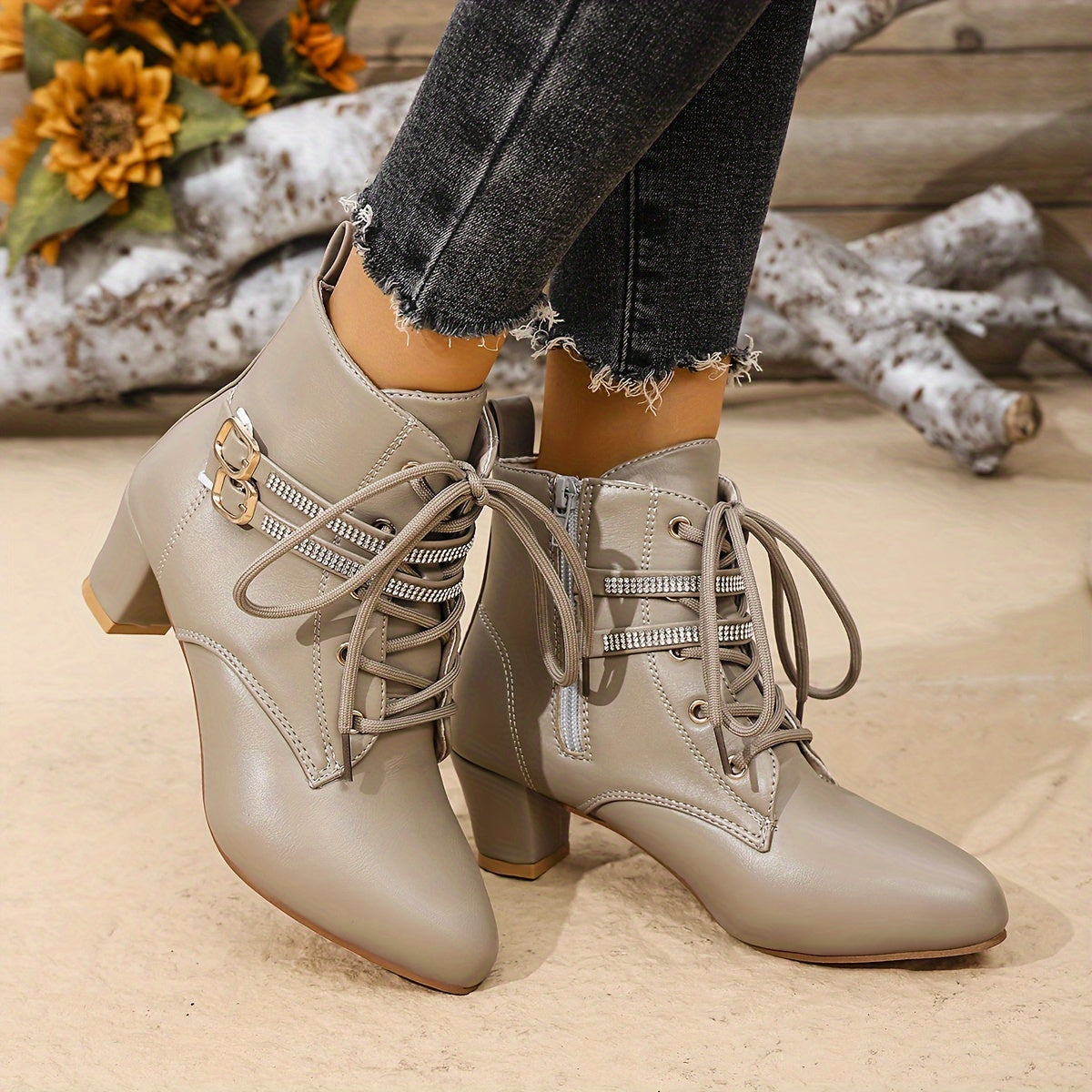 Women's Faux Leather Block Heel Boots with Buckles Zipper Pointed Toe