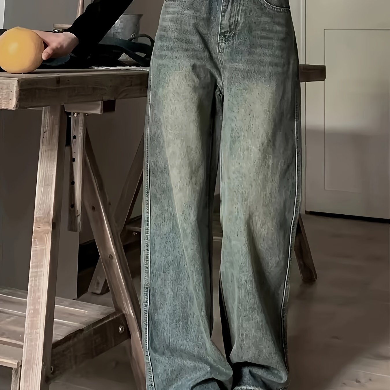 Women's Distressed Blue Denim Jeans High Rise Wide Leg Zipper Button Closure