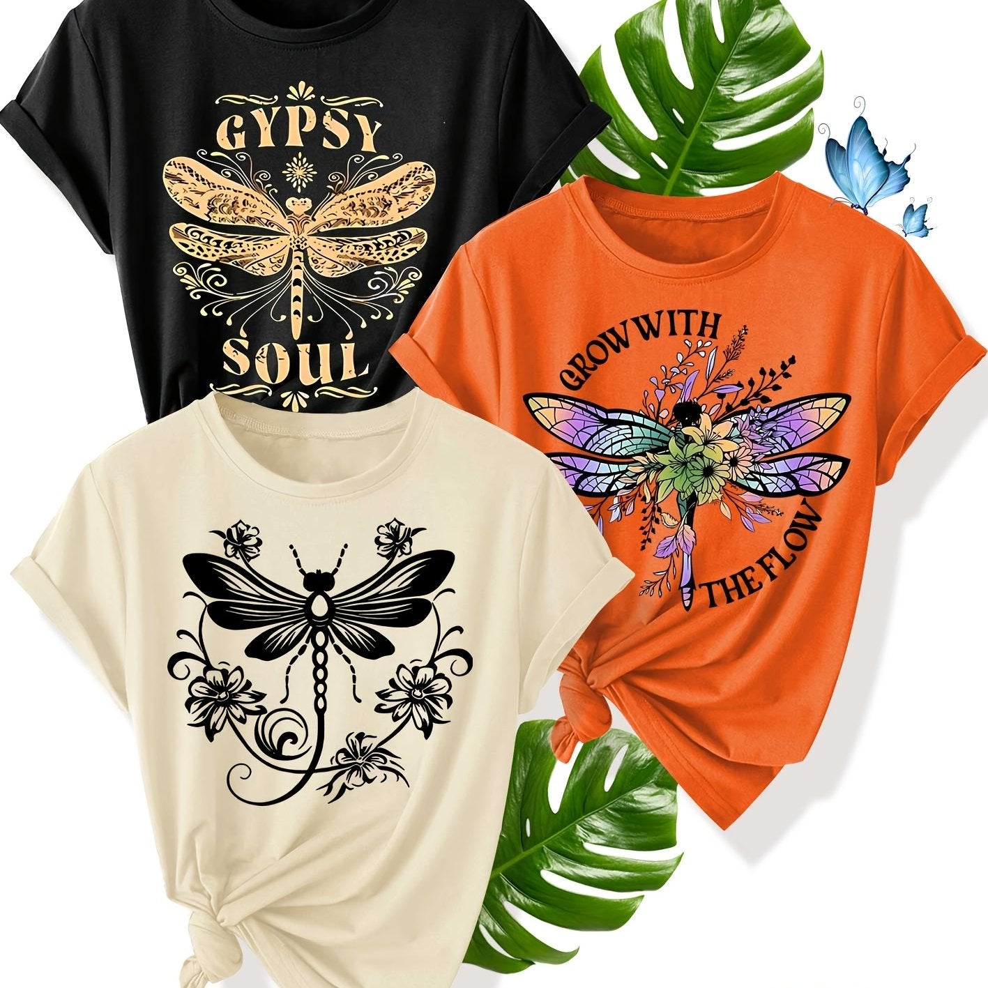 Women's Summer Casual T-Shirt With Flower Dragonfly Print Short Sleeve Multiple Colors