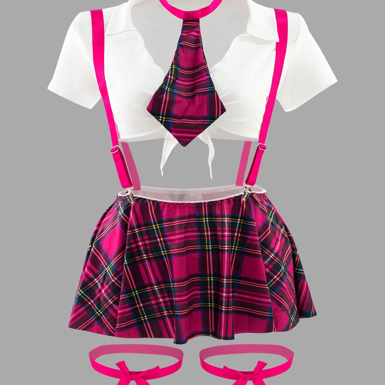 Plus Size Women's Role Play Uniform Set With Plaid Skirt Top Panties Bow Tie