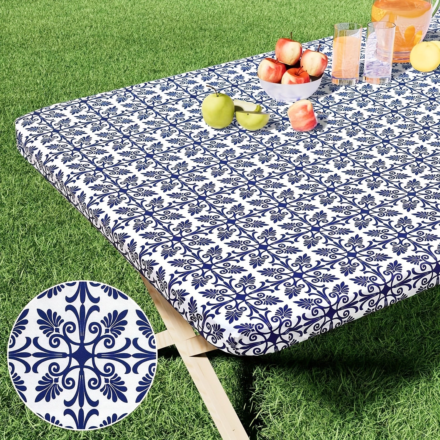 Rectangular Vinyl Table Cover for Indoor Outdoor Use Wipeable Black Baroque Pattern