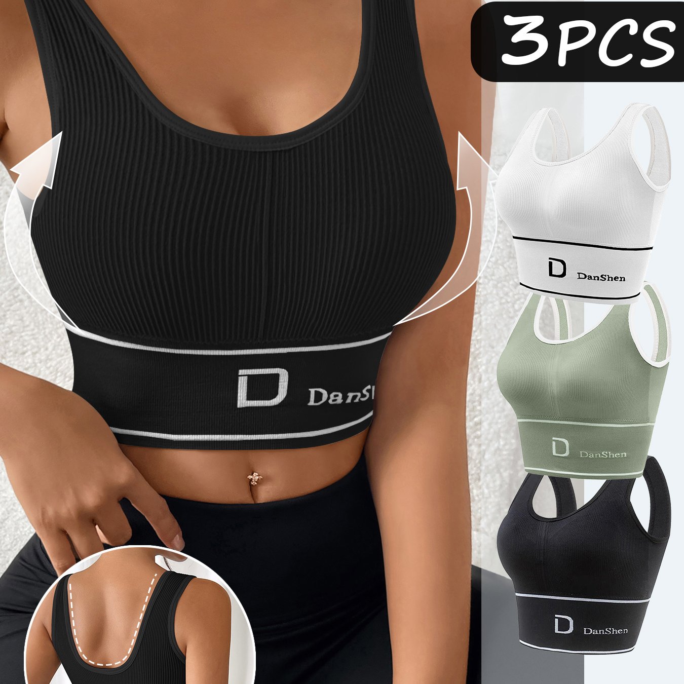 Plus Size Sports Bra 3-Pack Backless Wire-Free Padded Yoga Running