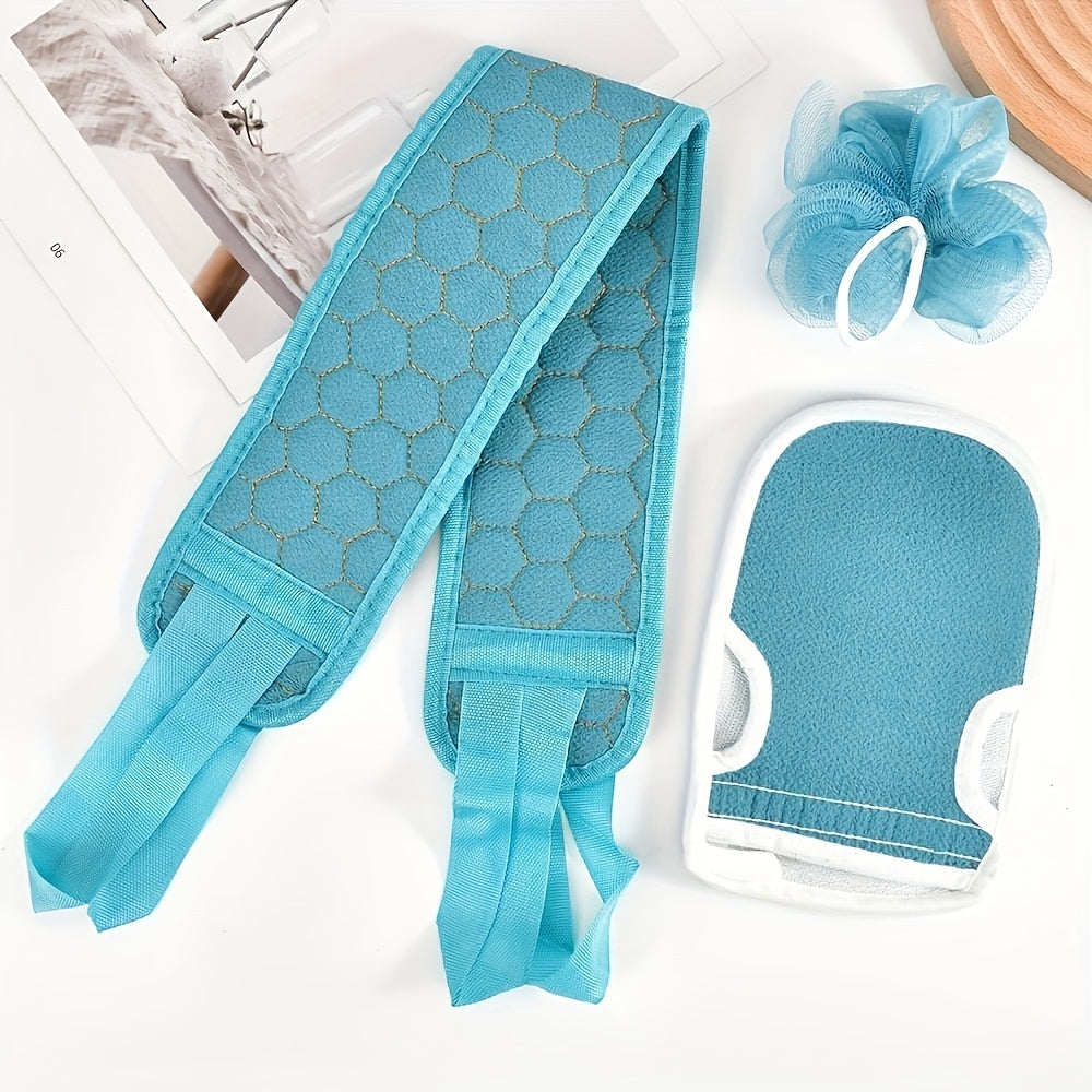 3-Piece Teal Exfoliating Bath Set for Women Loofah Bath Glove Back Scrubber Towel