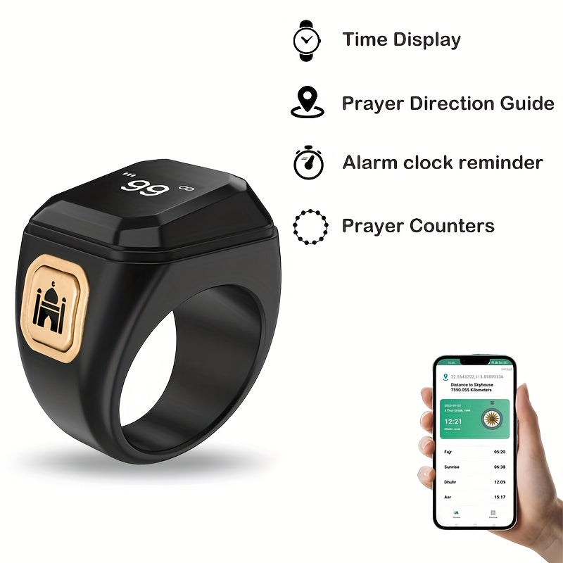 Fashionable Smart Prayer Watch Ring with Prayer Counter Reminders OLED Screen Black