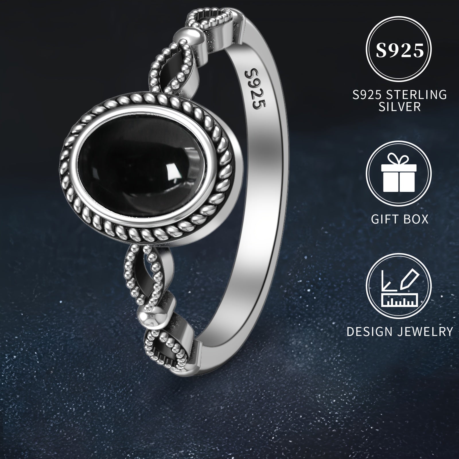 Ayollar uchun qora agate va oltin qoplamali detallarga ega Sterling Silver oval uzuk