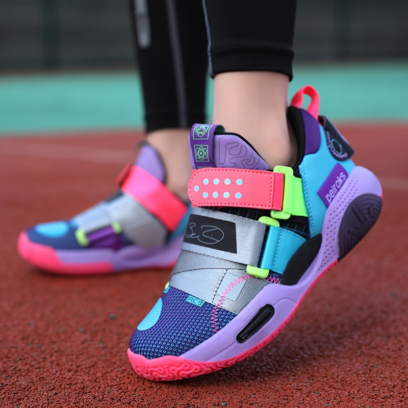 Youth Casual Basketball Sneakers Girls Pink Purple Blue Low Top TPR Sole Elastic Closure