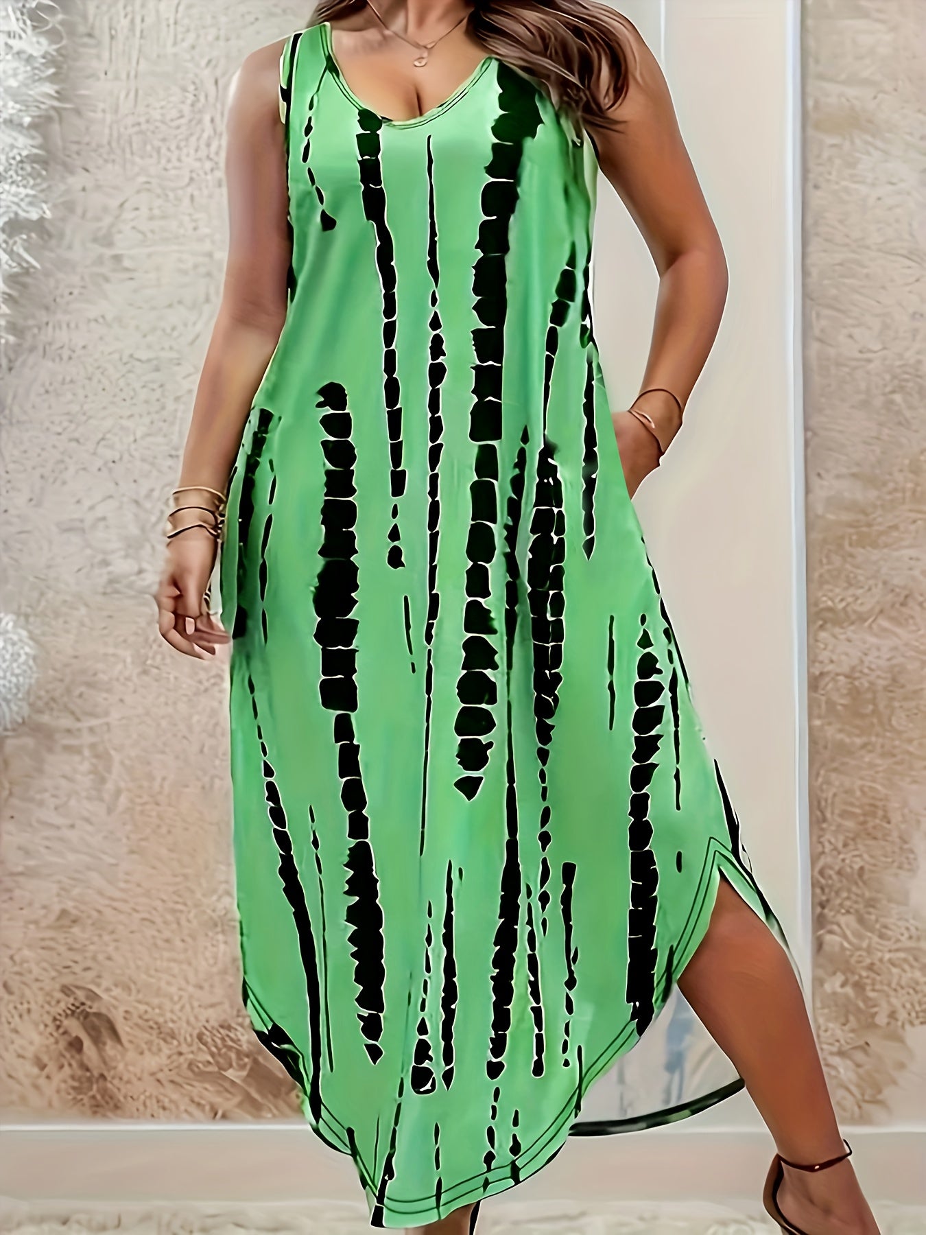 Plus Size Tie Dye Print Tank Dress Casual Sleeveless Homewear Pockets