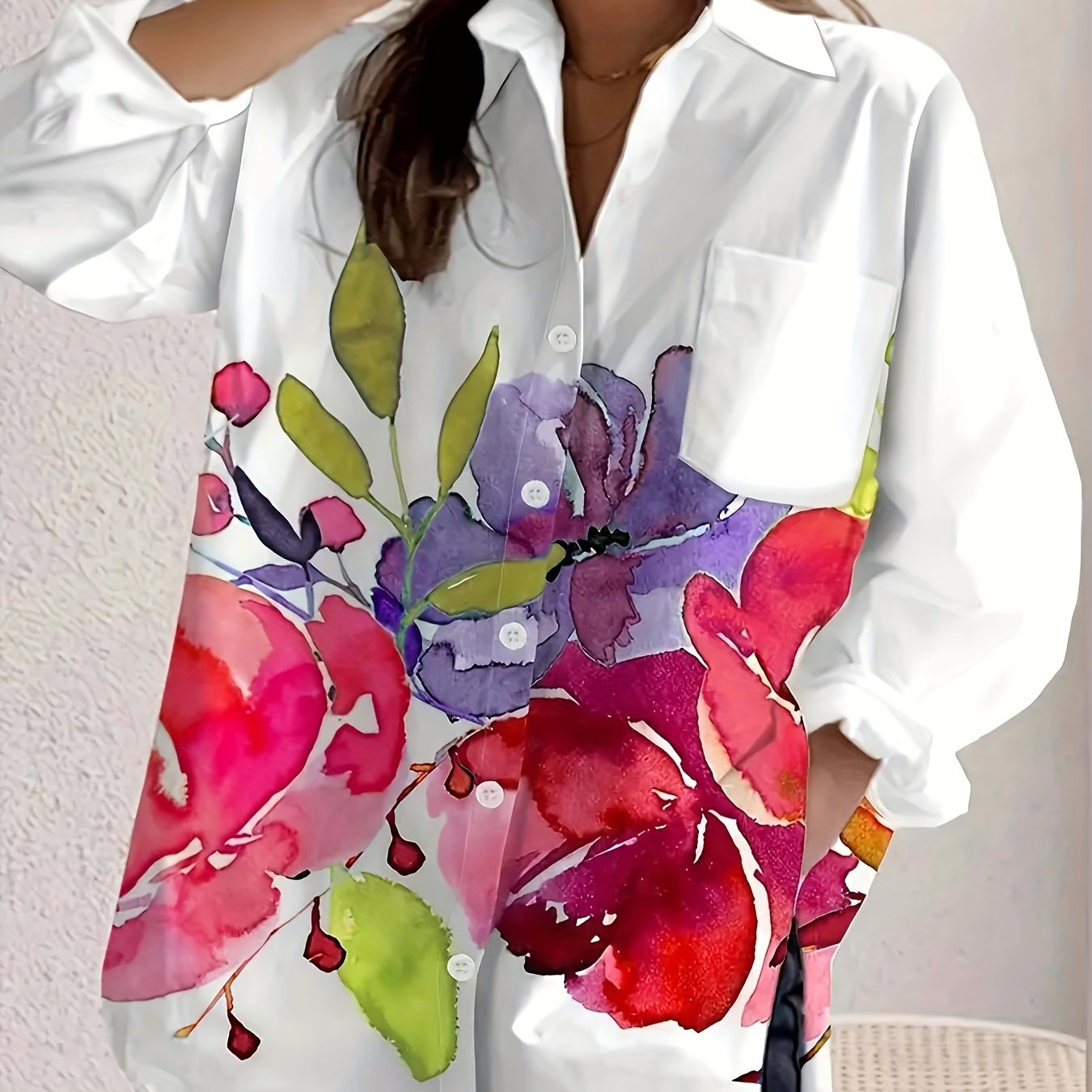 Women's Floral Print Long Sleeve Polyester Casual Shirt with Pockets