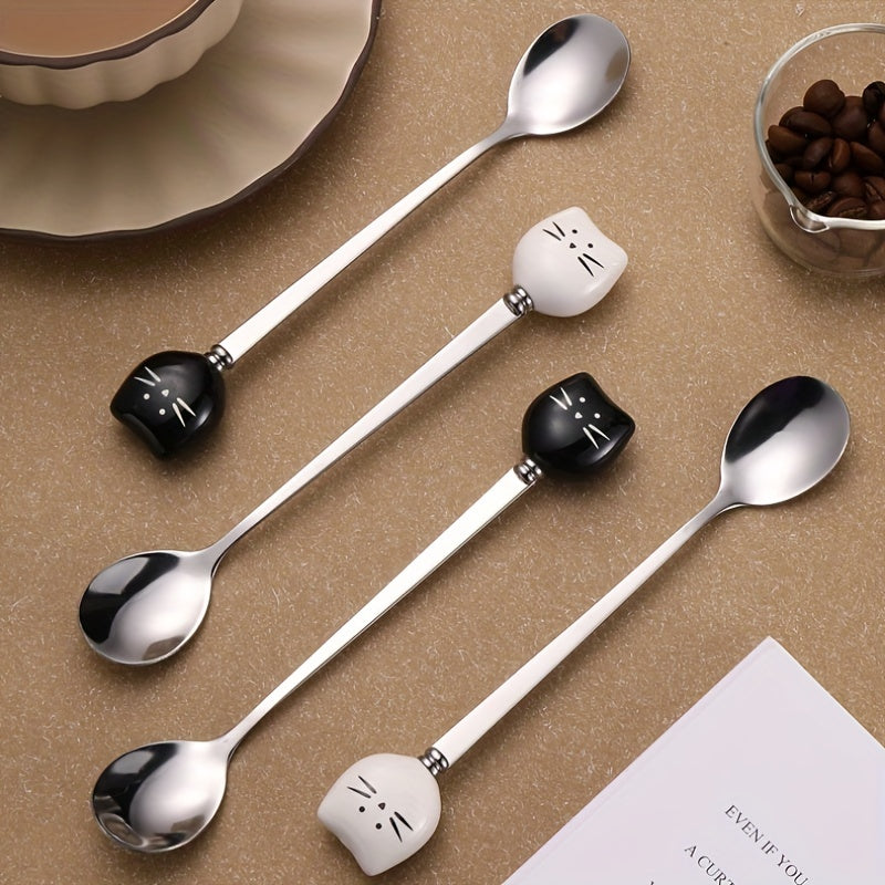 Stainless Steel Coffee Stirrers with Ceramic Cat Spoons