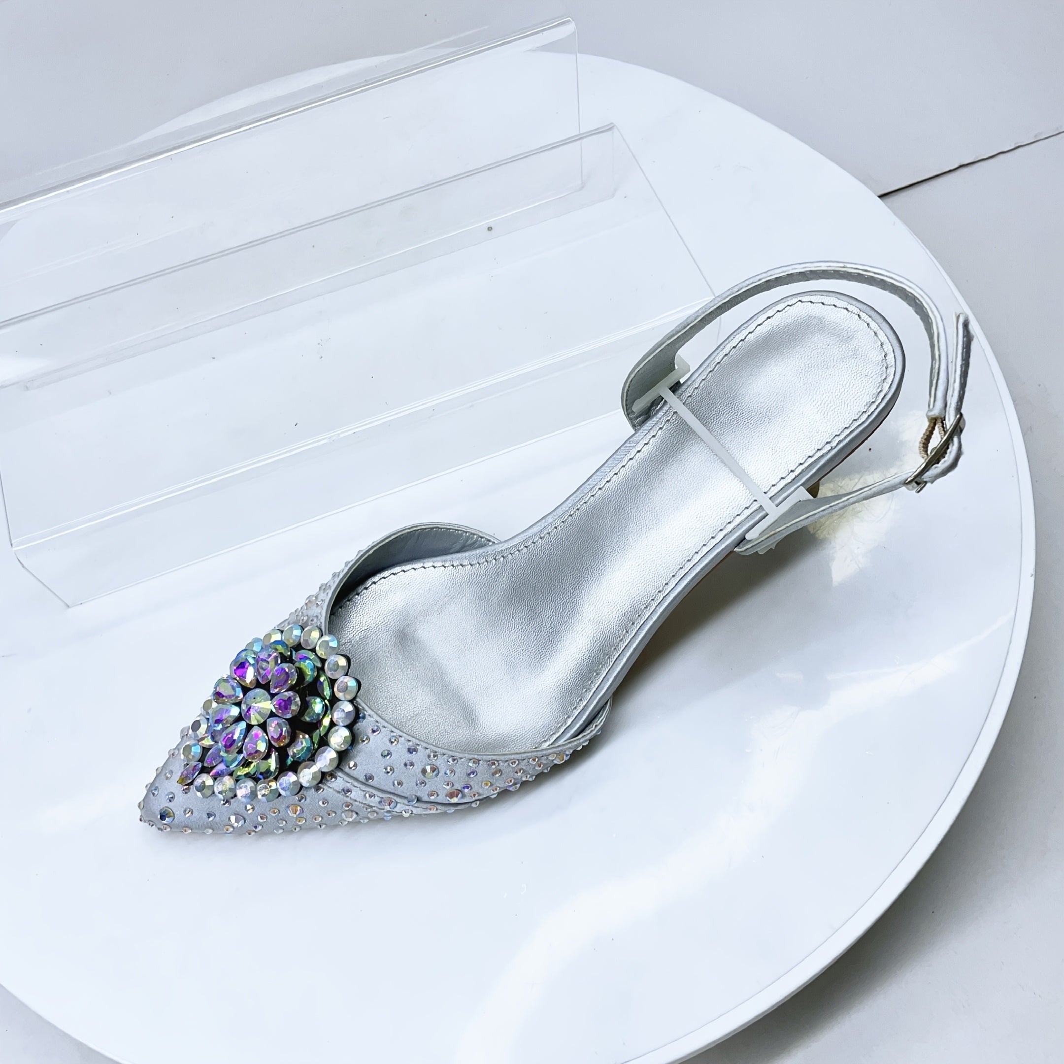 Women Purple Pointed Toe Flare Heel Shoes with Rhinestones for Weddings