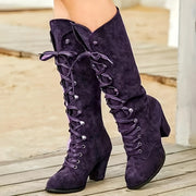 Women's Solid Color Chunky Heel Boots Lace-Up Knee High Shoes