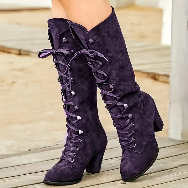 Women's Solid Color Chunky Heel Boots Lace-Up Knee High Shoes